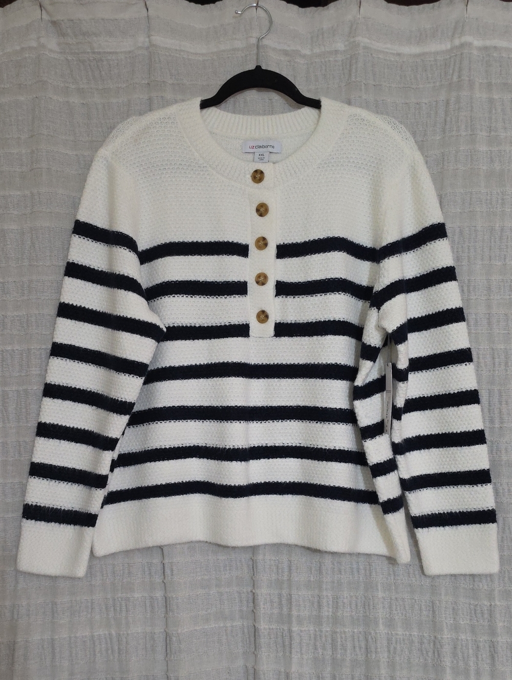 Liz Claiborne Cream and Black Striped Crewneck Sweater with Buttons